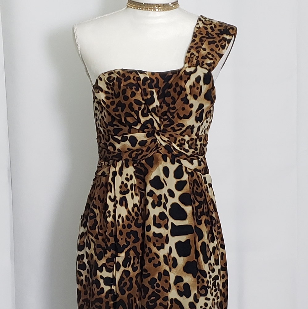 Nanette Lepore One Shoulder Leopard Print Ruched Lined Mini Dress Size 6 - Picture 2 of 15